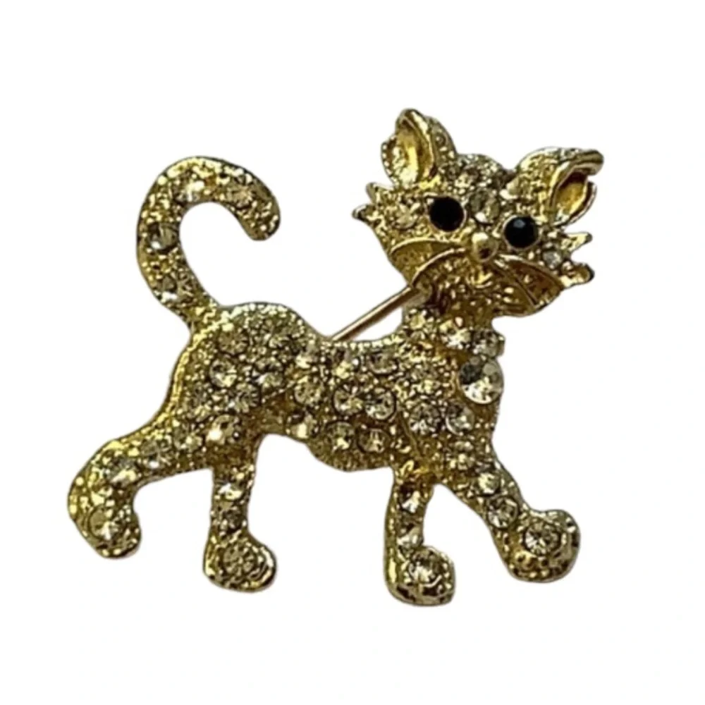Gold Tone Rhinestone Cat Brooch - Picture 1 of 8